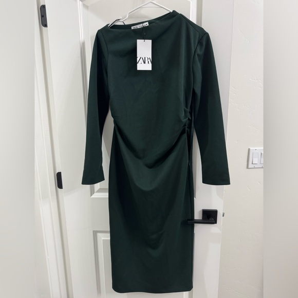 Zara Dresses & Skirts - Zara Asymmetrical Dark Green Midi Dress